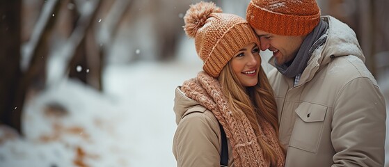 young couple in closeup holding hands while sporting adorable knit mittens in the winter.