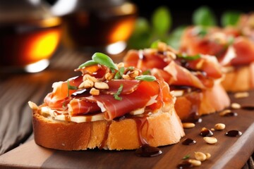 close-up of prosciutto slices on bruschetta with focus on texture