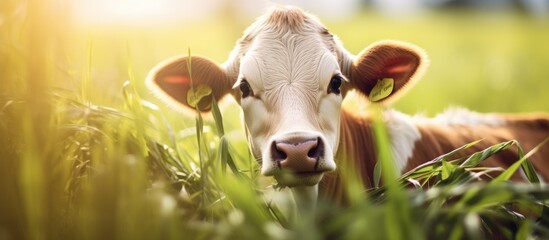 Young cow eating grass in Thailand s countryside shown in a close up With copyspace for text - obrazy, fototapety, plakaty