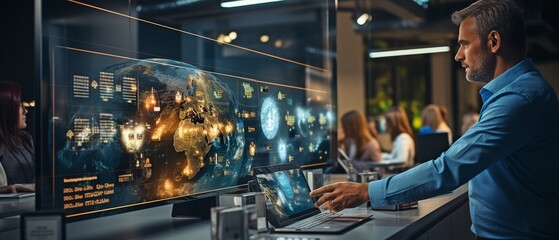Obraz premium A diverse group of businesspeople is gathered for a meeting in a high-tech IT office, looking at a data-filled digital board..