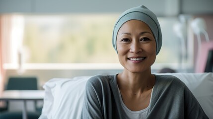 Portrait of the patient woman after chemotherapy female cancer patient wearing head scarf  - obrazy, fototapety, plakaty