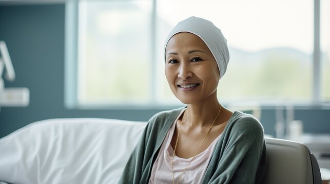 Portrait Of The Patient Woman After Chemotherapy female Cancer Patient Wearing Head Scarf 