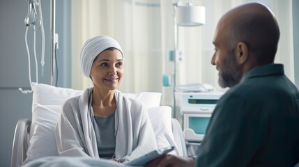 Fototapeta premium Cancerpatient consult with doctor in uniform in hospital