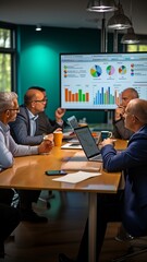 A diverse group of businesspeople is gathered for a meeting in a high-tech IT office, looking at a data-filled digital board..