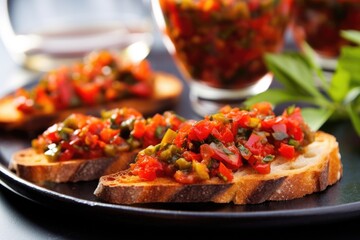 close-up shot of bruschetta on a glass plate with chili peppers nearby
