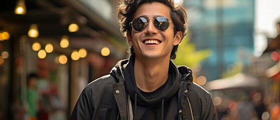 An urban cityscape serves as the backdrop for this fashion portrait of a young Asian man sporting sunglasses and a distracted expression..