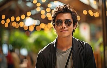 An urban cityscape serves as the backdrop for this fashion portrait of a young Asian man sporting sunglasses and a distracted expression..