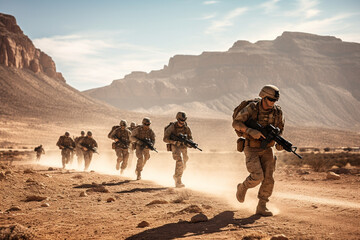 Against a backdrop of rugged desert mountains, a group of soldiers in uniform conducts a tactical training exercise, their movements precise and synchronized. 