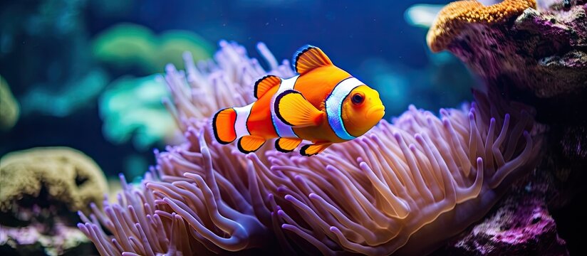 Two clown fish reside in a vibrant anemone beneath the ocean Marine life in Asia s coral reef With copyspace for text