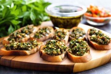 row of zaatar bruschetta on board beside bowls of olive oil