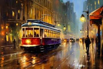 Old tram in the city, tram in the night - 660043964