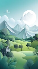 Vertical 3d paper cut forest landscape mountain paper cut style natural landscape scene illustration