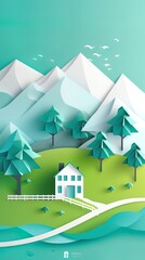 Vertical 3d paper cut forest landscape mountain paper cut style natural landscape scene illustration