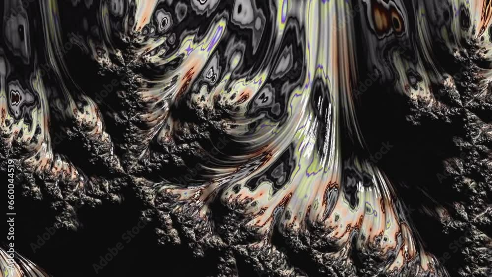 Wall mural abstract colorful liquid fractal texture flowing on black background. modern simple animation