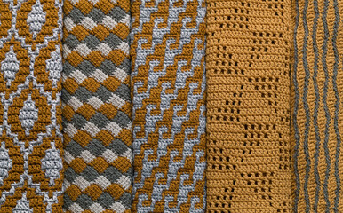 Crochet collection with abstract patterns in yellow grey colors. Knitted background.