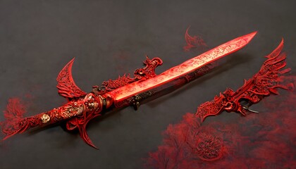 deathcore an ornate evil longsword made of cold iron resting on a cloth inscribed with glowing red infernal writing along the blade the hilt resembling a winged devil taking flight highly detailed  - obrazy, fototapety, plakaty