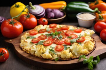 cauliflower pizza surrounded by fresh vegetables