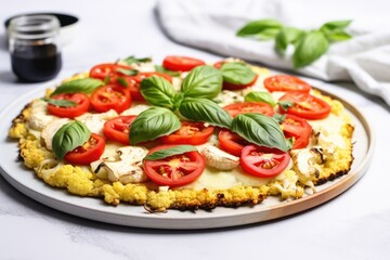cauliflower pizza topped with tomatoes and basil