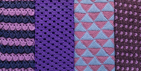 Blue purple crochet collection in different patterns. Knitted background.