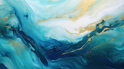 Fractal patterns reminiscent of ocean currents, with a color palette of turquoise, deep blues, and sandy yellows