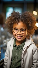 In a school science class, a smiling black girl wearing a lab coat and safety glasses is captured glancing at the camera..