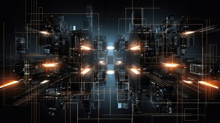 Hustle and grid of urban life in a fractal pattern, drawing from metallic silvers, blacks, and neon accents