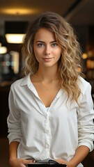 Young woman programmer in a portrait holding a digital tablet and addressing the camera while seated at a desk..