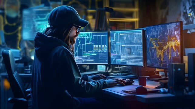Digital technology, software development concept. Coding programmer, software engineer working on virtual screen. AI Generative.