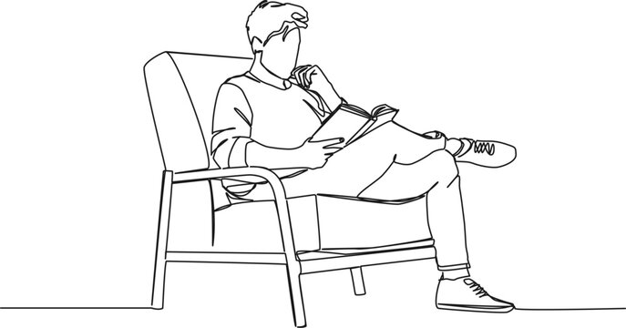 recommend clip art: continuous single line drawing of man in comfortable armchair reading a book, line art vector illustration