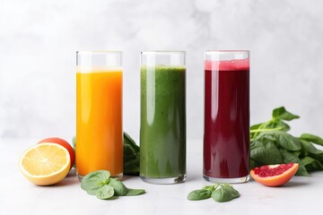 three distinctive cold pressed juices standing tall on marble surface