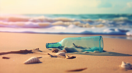 a glass bottle abandoned on a sandy beach, sea in the background