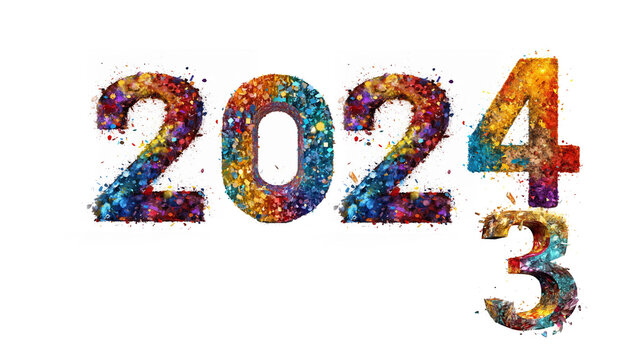 Multi-colored sparkles text from 2023 to 2024 