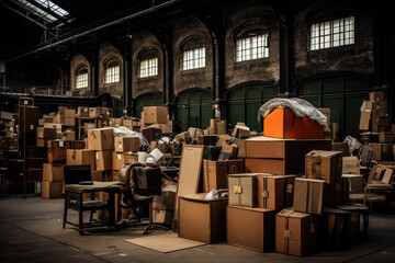 Industrial warehouse with lots of cardboard boxes, industrial background, toned