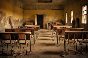 Fototapeta na wymiar interior of a classroom with wooden desks and chairs