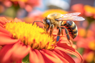 A close-up view of a honeybee collecting pollen from a vibrant flower, epitomizes the essence of a warm summer day.