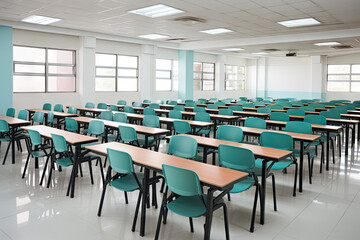 interior of a classroom with wooden desks and chairs
