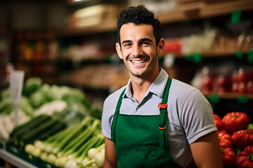 Fototapeta premium A handsome male supermarket worker on a background of fresh vegetables and fruits.