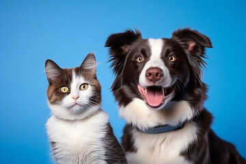 Naklejka na ściany i meble British Shorthair Cat Kitten and Border Collie Dog on Blue Background - Created with Generative AI Tools