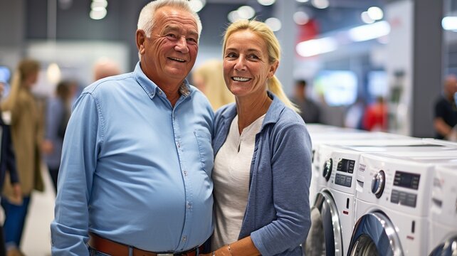 An elderly couple is shown in a portrait from the side as they examine washing machines in a store..