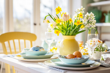 Easter Table with Spring Flowers in a Sunny April Kitchen - Created with Generative AI Tools