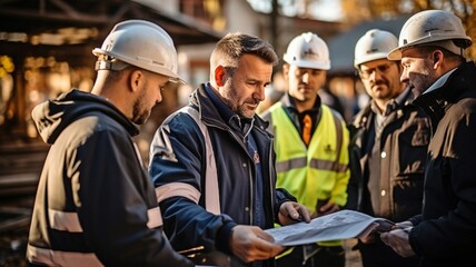 Architects and engineers on a construction site check documents with a group of businesspeople.. - obrazy, fototapety, plakaty