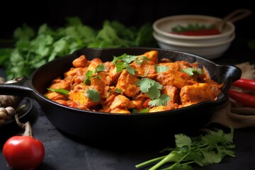 Fototapeta premium close-up of chicken tikka masala served in an iron skillet