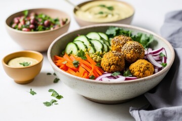 a falafel bowl with tahini dressing beside a bowl of hummus