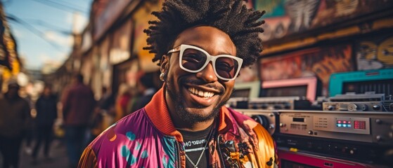 Hip Black man carrying a boombox and grinning at the camera in a vibrant waist-up portrait taken outside..
