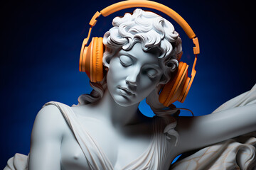white marble bustl of a woman aphrodite with eyes closed, feeling the music with orange headphones, blue plain background