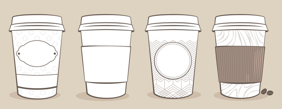 Illustrations de gobelets de café en carton, dessin composé de traits pour coloriage, étiquette pour le nom du client ou le logo de la société de torréfaction, vente à emporter de boissons chaudes