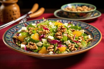 fig and walnut salad on a brightly colored plate