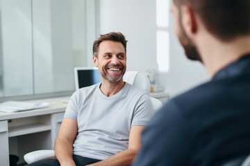 Smiling european man with a mustache at a doctor's consultation in a hospital in support of men's health and movember global community