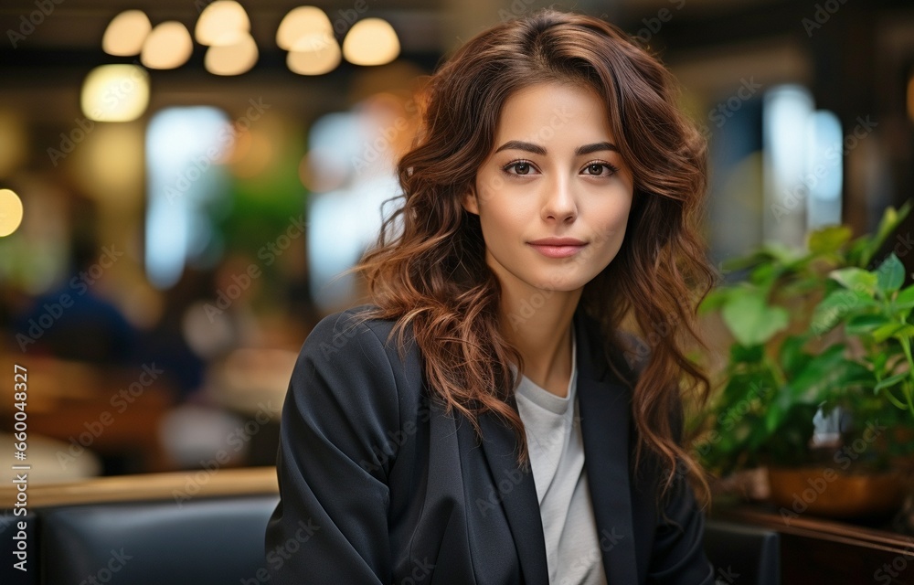 Wall mural Crossed-armed, young professional lady standing in contemporary office.