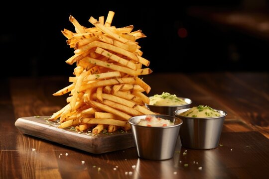 long french fries stacked like a jenga tower